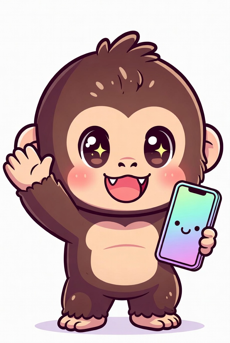 Happy cartoon Oogashmooga character waving and holding a phone